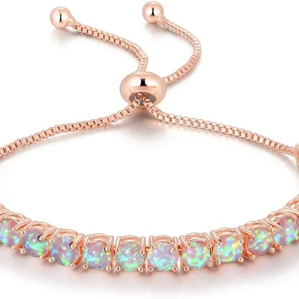 Adjustable Silver Plated Opal Tennis Bracelet for Women Girls Romantic Gift